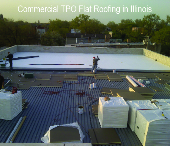 Commercial TPO Flat Roofing in progress for Chicago commercial property
